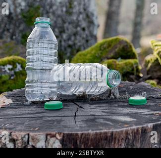Empty plastic bottles lying on a log with the background out of focus. Let`s care of the planet. Stock Photo